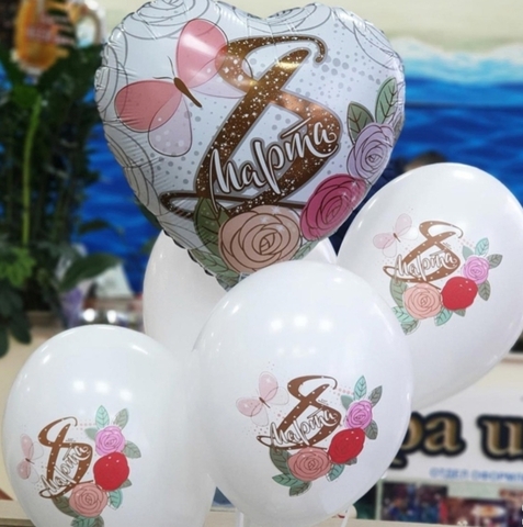 Воздушные шары на 8 марта с розами, белые, 36 см