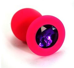 Розовая силиконовая анальная пробка с темно-фиолетовым кристаллом - 7 см. - 