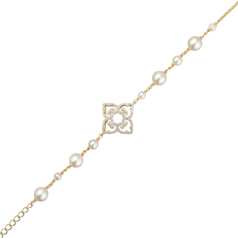 Classic Bracelet with Pearls, Yellow Gold, Cubic Zircons