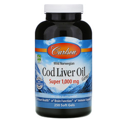 Carlson Labs, Cod Liver Oil Gems, капсулы из жира печени дикой норвежской трески, высшего качества, 1000 мг, 250 капсул