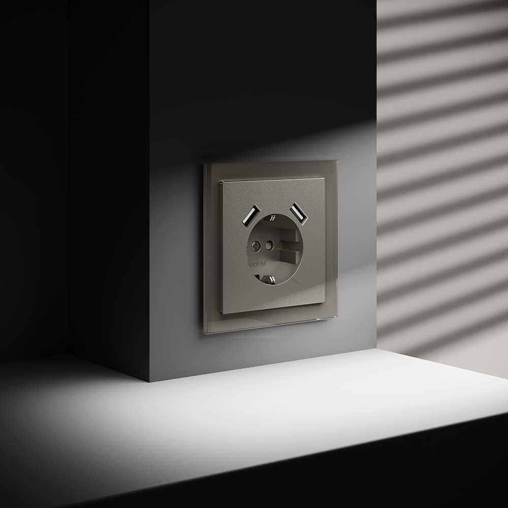 Розетка встраиваемая Voltum S70 с заземлением и защитными шторками, 16А, с USB, A+A, (шелк) VLS040404