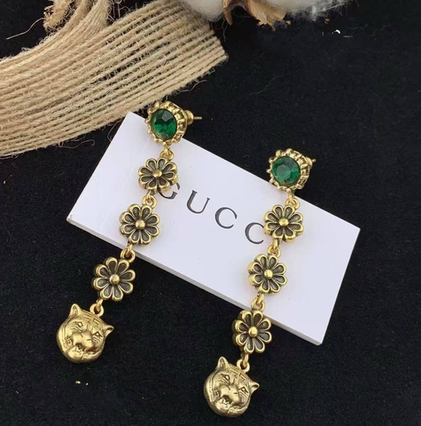 Серьги длинные Коты (зеленые) с подвесками GUCCI