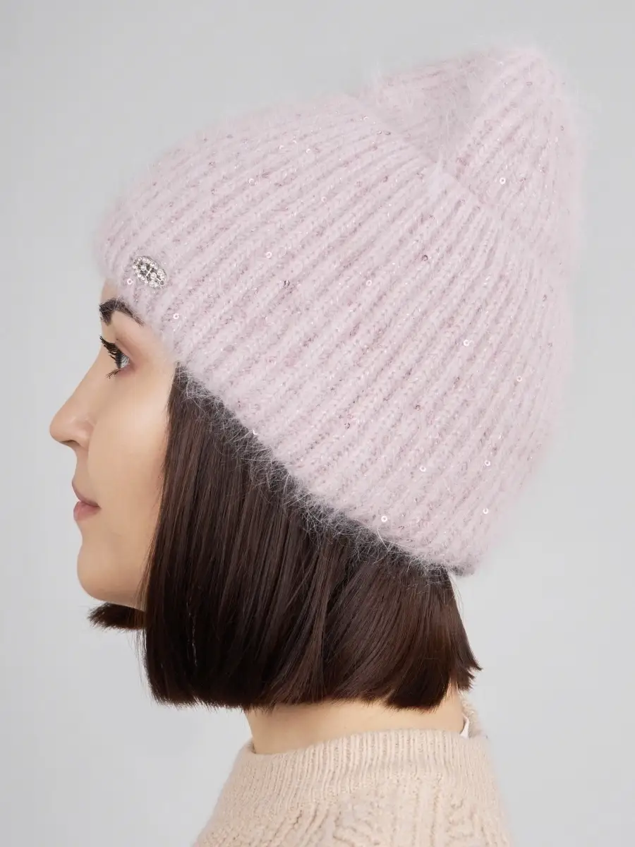 Шапка женская зимняя из ангоры вязаная шерстяная с отворотом двойная пудровая розовая с пайетками