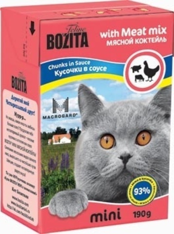BOZITA MINI Tetra Pak консервы для кошек кусочки в соусе мясной микс 190 г