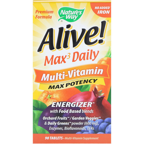 Nature's Way, Alive! Max3 Daily, мультивитаминный комплекс, без добавления железа, 90 таблеток