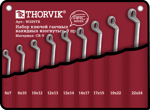 Thorvik W2S9TB Набор ключей гаечных накидных изогнутых серии ARC в сумке, 6-24 мм, 9 предметов
