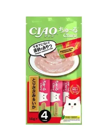 INABA Ciao Churu пюре для кошек куриное филе и кальмар 14 г