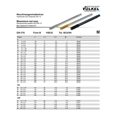 Метчик М12х1,75 (Машинный) DIN376 HSSE-TiN 6h B/4-5P 110мм a=7,0 Voelkel 31550