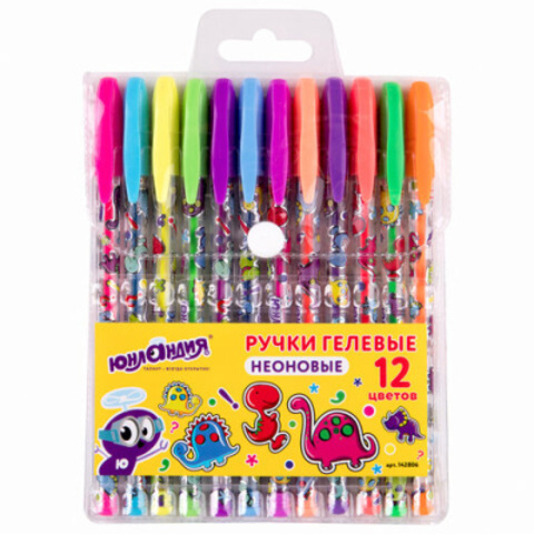 Ручки гел 12 цв (ЮНЛАНДИЯ), АССОРТИ НЕОН, корпус с печатью, узел 0,7 мм, линия письма 0,5 мм, 142806