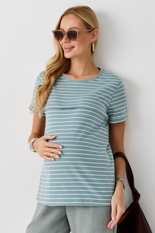 Футболка для беременных и кормящих 18072 мятно-молочная полоса