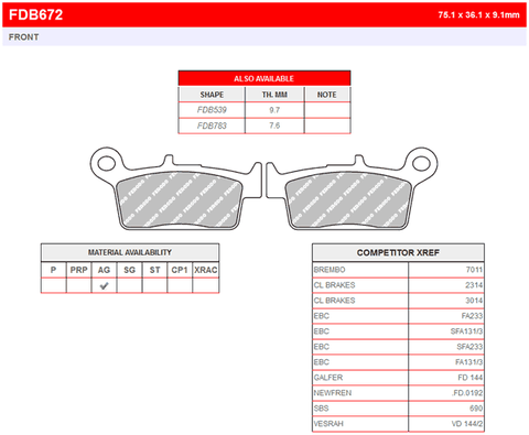 FDB672EF Тормозные колодки дисковые MOTO, блистер 2 шт   FDB672AG