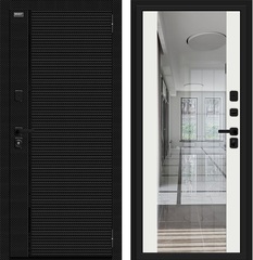 Входная металлическая дверь с зеркалом Лайнер 3 Black Carbon/Off-white