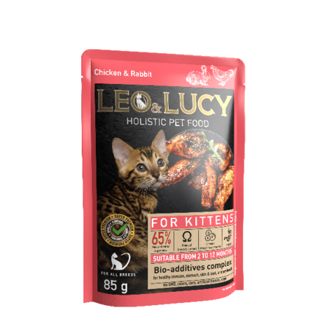 Влажный холистик корм Leo&Lucy консервированный полнорационный – кусочки в соусе для котят с кроликом, курицей и биодобавками 0.085 г