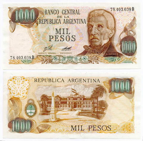 Банкнота Аргентина 1000 песо 1976 год. UNC