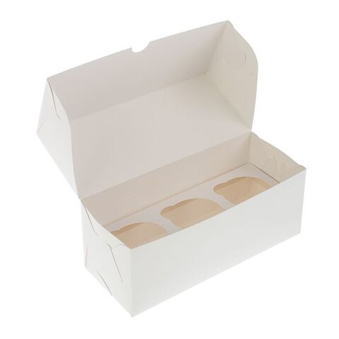 Коробка картонная для капкейков на 3 шт., с окном, из бел/бел картона. 250х100х100мм