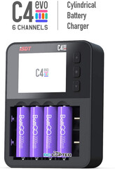 Зарядное устройство ISDT C4 EVO для цилиндрических батарей AA /AAA / 18650 / до 26700, 25W (DC - QC2.0/3.0/PD), 3A, x4