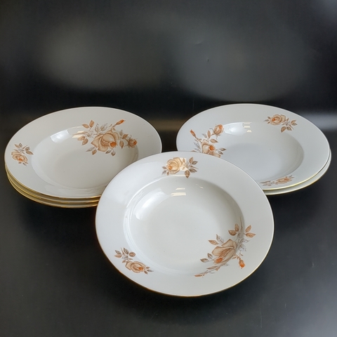 Суповые тарелки набор из 6 штук, фарфор, роспись, из сервиза "Коралловая роза", золочение, EPIAG D.F Чехословакия, винтаж времен СССР 1960-1990 гг