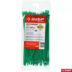 ЗУБР КС-З1, 3.6 x 200 мм, нейлон РА66, 100 шт, зеленые, кабельные стяжки,Профессионал(309060-36-200)