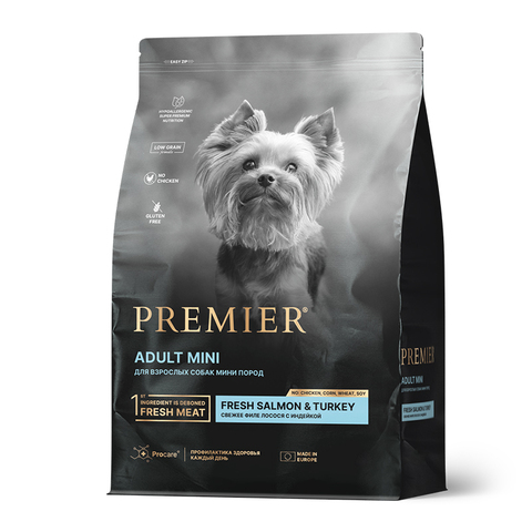 Корм Premier Dog Salmon & Turkey Adult Mini свежее филе лосося с индейкой, для собак мини пород, 3кг