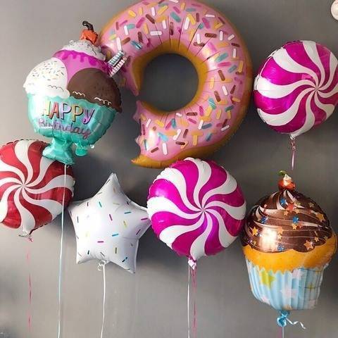 воздушные шары ребенку, шары в форме сладостей, фольгированная фигура пончик