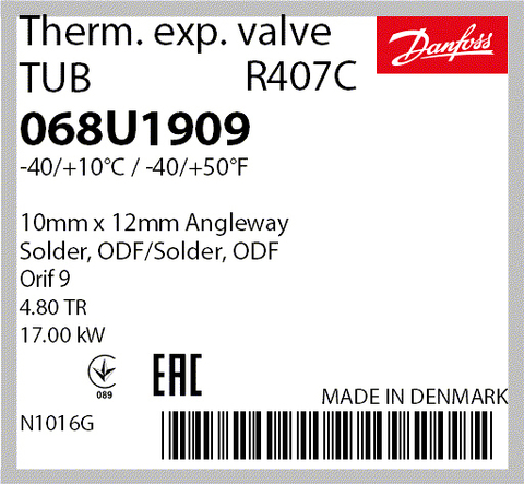 Терморегулирующий клапан Danfoss TUB 068U1909 (R407C, без МОР) угловой