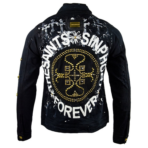 The Saints Sinphony | Куртка джинсовая мужская LOGO JACKET CROSS WASH BLACK AND GOLD TSJ056 спина