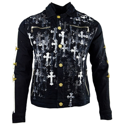 The Saints Sinphony | Куртка джинсовая мужская LOGO JACKET CROSS WASH BLACK AND GOLD TSJ056 перед