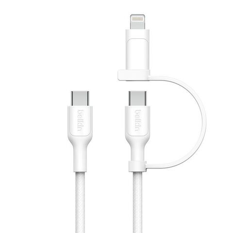 Кабель Belkin 2in1 60W USB-C & Lightning To USB-C Braided Cable, 1,5м, белый