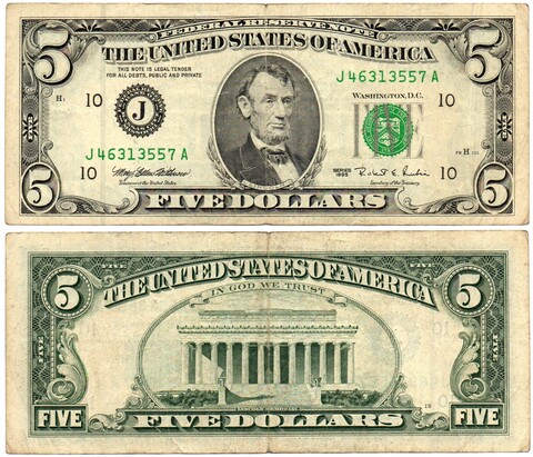 Банкнота США 5 долларов 1995 год - J 46313557 А (Канзас Сити)