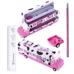 
          Пенал с наполнением, металлический 2 отделения автобус Alingar, таб. умнож, линейка 15 см, 5 ч/г карандашей, 3 точилки 50 х 190 мм, "Milk bus", розов