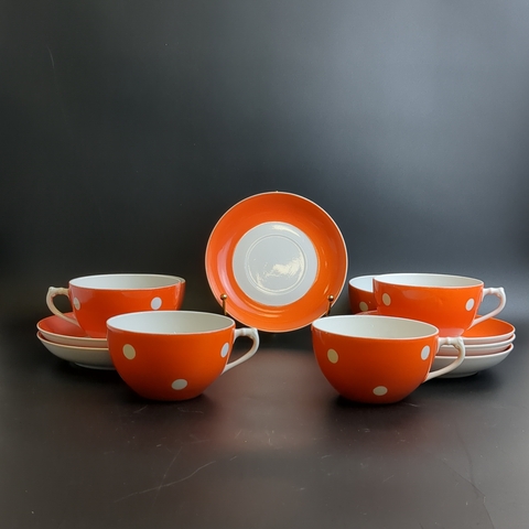 Чайные пары набор на 6 персон, фарфоровые, оранжевый "Горох" роспись, Дулево ФЗ, винтаж времен СССР 1967 год