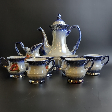Кофейный набор из советской керамики кофейник, 6 кофейных пар, сливочник (8 предметов), деколь, цветы, перламутр, винтаж СССР 1970-1991 гг