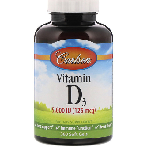 Carlson Labs, Витамин D3, 125 мкг (5000 МЕ), 360 мягких желатиновых капсул