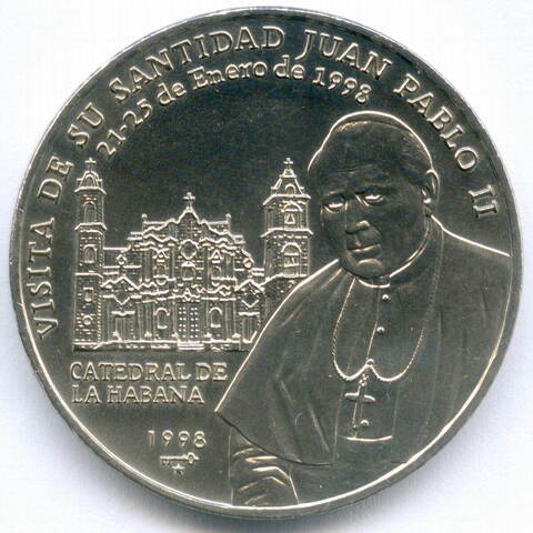 1 песо 1998 год. Куба. Визит Папы Римского Иоанна Павла II. Медно-никель UNC, диаметр 37.9 мм. Тираж 20000