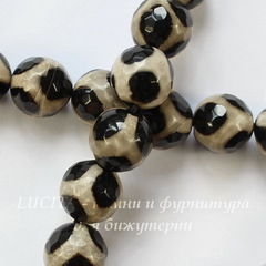 Бусина Агат (тониров), шарик с огранкой, цвет - коричневый с бежевым, 10 мм, нить