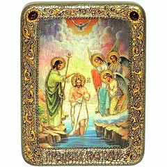 Инкрустированная Икона Крещение Господа Бога и Спаса нашего Иисуса Христа 20х15см на натуральном дереве, в подарочной коробке
