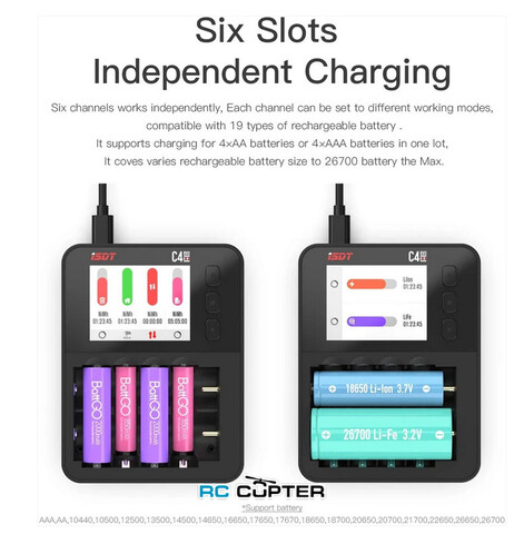 Зарядное устройство ISDT C4 EVO для цилиндрических батарей AA /AAA / 18650 / до 26700, 25W (DC - QC2.0/3.0/PD), 3A, x4