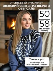 Женский свитер оверсайз из шерсти с принтом, размер 50-58, цвет голубой