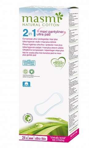 MASMI NATURAL COTTON. Гигиенические прокладки 2 в 1 Soft Maxi Plus из органического хлопка на каждый день и для дней цикла, 24шт