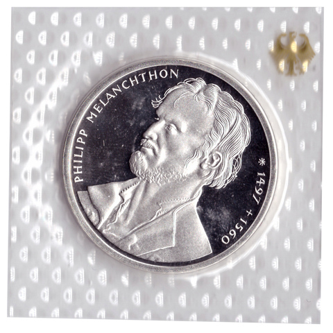 10 марок 1997 год (G) 500 лет со дня рождения Филиппа Меланхтона, Германия. PROOF в родной запайке