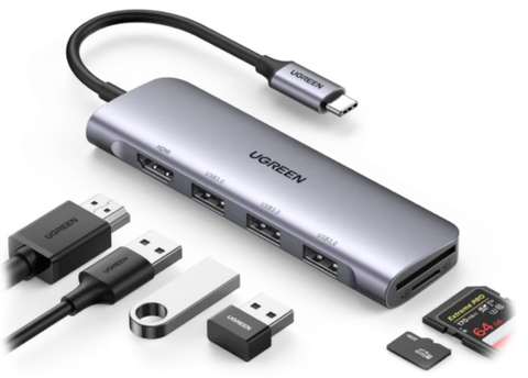 USB-хаб UGREEN CM511 20956A Revodok 6-in-1 USB-C to HDMI&USB 3.0*3 & SD/TF Adapter, Grey