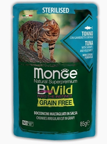 Monge Cat BWild GRAIN FREE паучи из тунца с креветками и овощами для стерилизованных кошек 85г