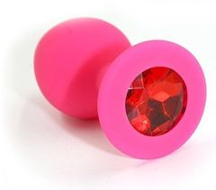 Розовая силиконовая анальная пробка с красным кристаллом - 7 см. - 