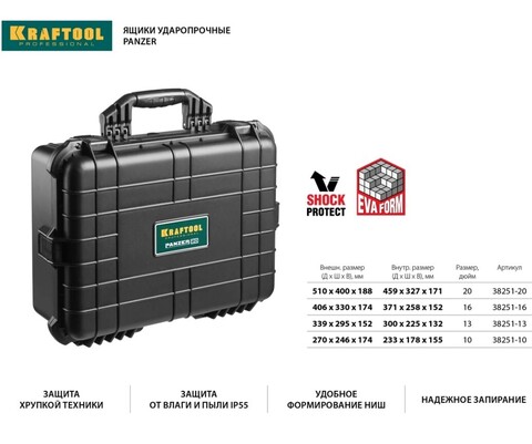 KRAFTOOL PANZER-13, 340 х 290 х 150 мм, (13?), IP55, ударопрочный пластиковый ящик (38251-13)