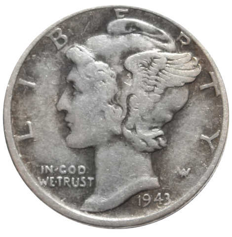 1 дайм (10 центов) 1943. США VF (Меркурий) Серебро