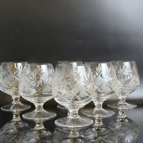 Бокалы хрустальные набор из 6 штук для крепких напитков, алмазная грань, геометрический орнамент, матовый, (объём-? мл), винтаж СССР 1970-1990 гг