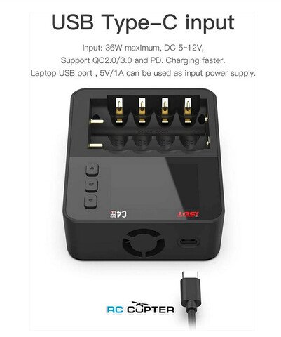 Зарядное устройство ISDT C4 EVO для цилиндрических батарей AA /AAA / 18650 / до 26700, 25W (DC - QC2.0/3.0/PD), 3A, x4