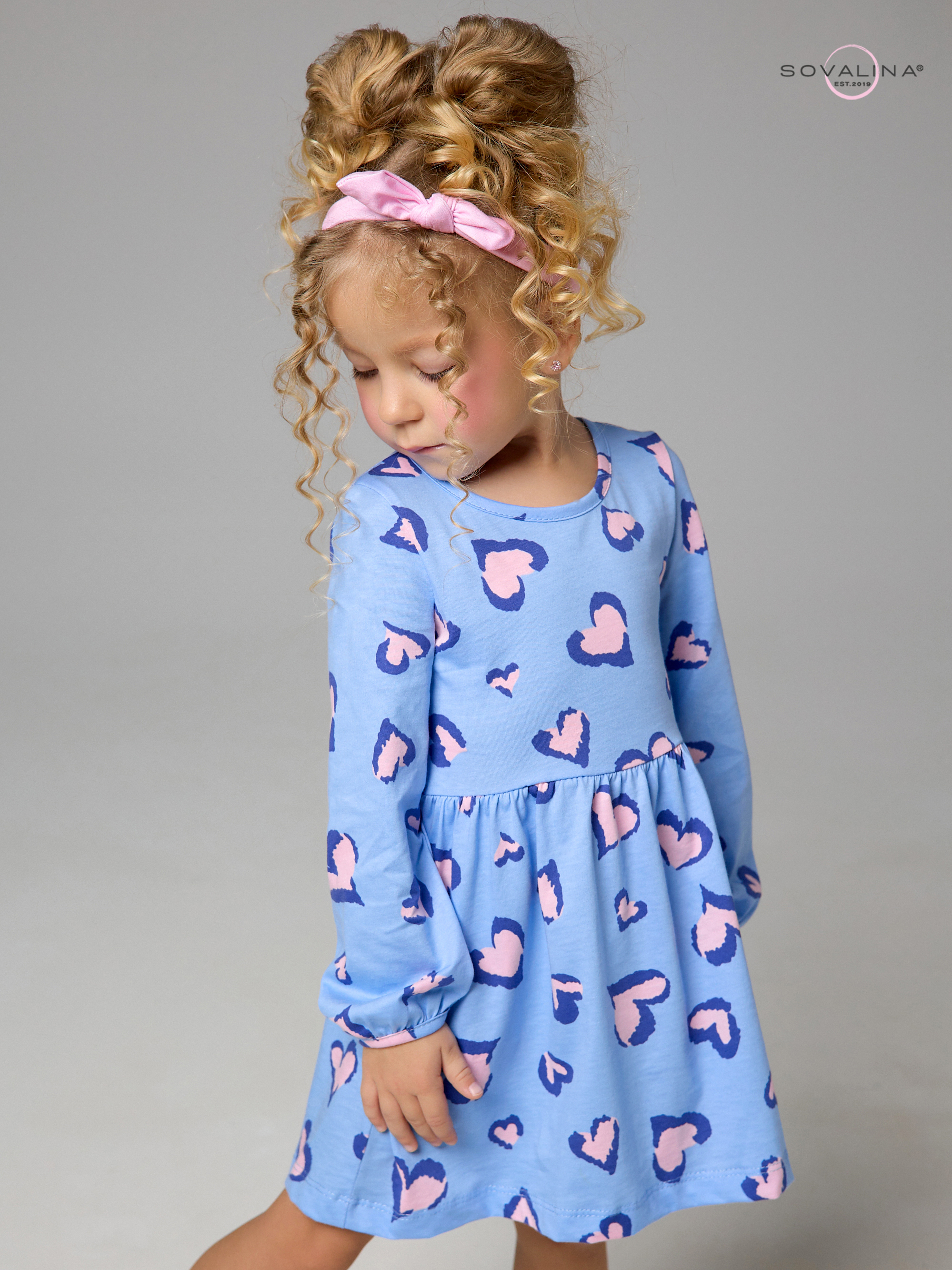 Платье Моана розовые сердечки на голубом