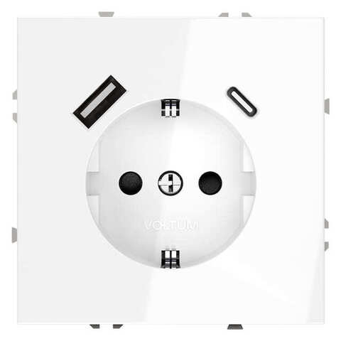 Розетка электрическая с USB зарядкой 2К+З/2xUSB с заземлением и шторками USB тип A / USB тип C - 16А. Цвет Белый глянцевый. MAYTONI. VOLTUM S70. VLS040501