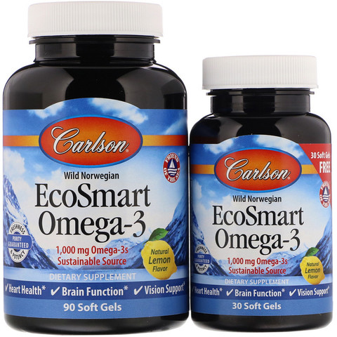 Carlson Labs, EcoSmart Omega-3, натуральный ароматизатор «Лимон», 1000 мг, 90 + 30 желатиновых капсул